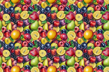 Watercolor seamless pattern with fruits apples lemons cherries pears berries. Bright colorful illustration for the kitchen. AI generation
