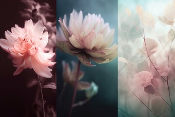 Fototapeta na wymiar three different images of a flower in three different colors, one of which is pink and the other of which is green and blue and white. generative ai