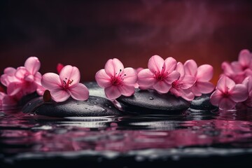 Obraz na płótnie Canvas a group of rocks with pink flowers on top of them on a body of water with water droplets around them and a dark background with a pink hue. generative ai
