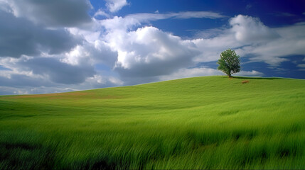 Obraz premium Green lush fresh spring landscape background wallpaper background illustration design with hills, blue sky, clouds. AI generated illustration.