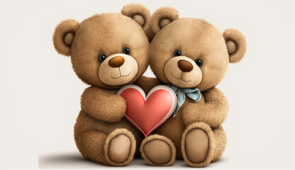 Two teddy bears holding red heart