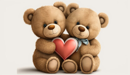 Obraz premium Two teddy bears holding red heart