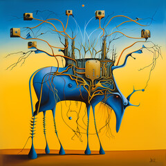 Surrealistic image with abstract blue deer with high legs in Salvador Dali style. AI generated illustration