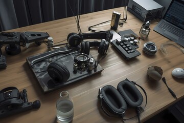 ﻿A table with a laptop and headphones on it - Generative AI