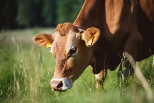 Cow grazes in a meadow and eats grass, animal and pet, illustration. Generative AI. Livestock, cattle breeding, agriculture and farm, dairy and milk, image
