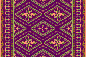 Ethnic folk geometric seamless pattern in violet, orange and green tone in vector illustration design for fabric, mat, carpet, scarf, wrapping paper, tile and more