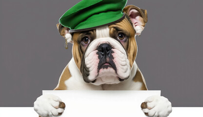 Bulldog wearing a green hat holding a blank sign