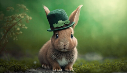 Cute bunny wearing a green hat on st. patricks day