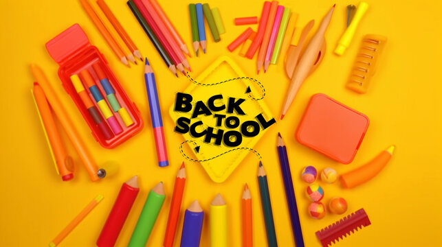 back to school, kids pencil colors, markers and crayons on solid background generated ai