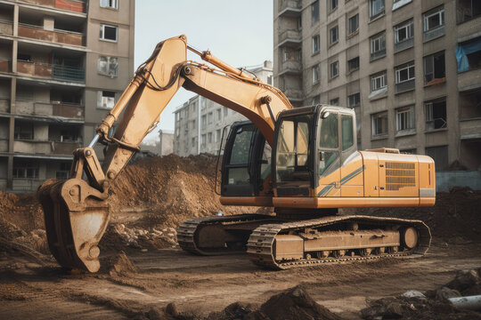 Excavator on building site, high quality generative AI