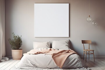 mock up blank poster on the wall of bedroom, 3D illustration bac