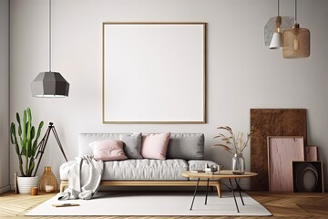 mock up blank poster on the wall of living room, 3D rendering, 3
