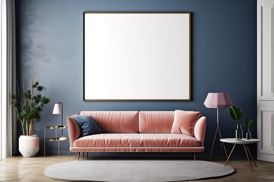mock up blank poster on the wall of vintage living room, 3D rend