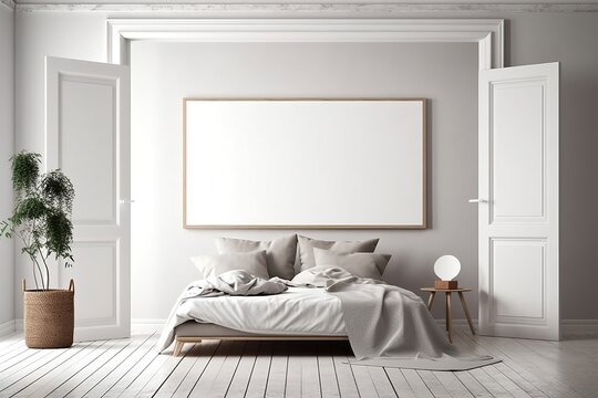 mock up blank poster on the wall of white hipster living room, 3