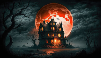 Terrifying halloween house at midnight