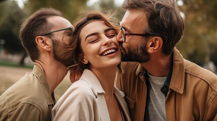 Polyamorous people, Smiling young woman living in a Polyamorous relationship with two men, posing at a park. Generative AI
