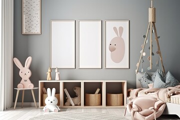 mock up poster frame in children's bedroom, Scandinavian style i
