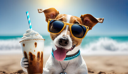 Cool jack russel terrier on a beach drinking a milkshake