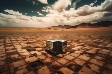 creative abstract reflective objects on the desert, generative ai