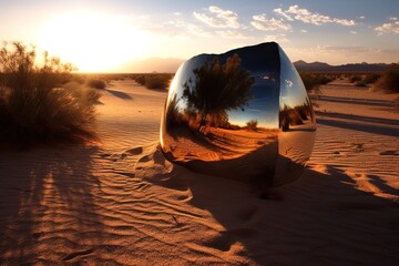 creative abstract reflective objects on the desert, generative ai