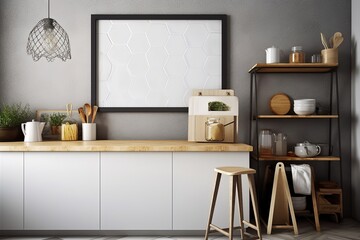 mock up poster frame in hipster kitchen, interior backround, 3D