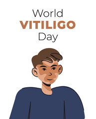 man with vitiligo. Love yourself. Banner for international Vitiligo Day. White background.