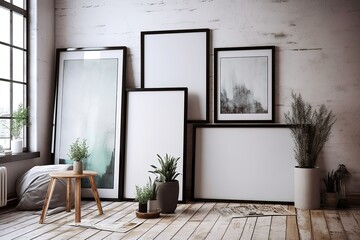 mock up poster frames in hipster loft interior