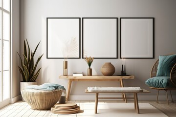 mock up poster frames in modern interior background, living room