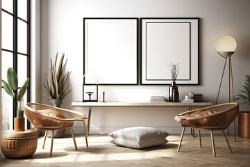 mock up poster frames in modern interior background, living room