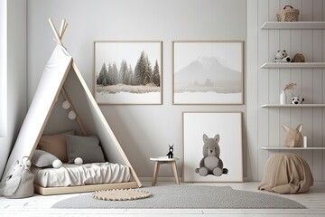 mock up poster frames in children bedroom, scandinavian style in