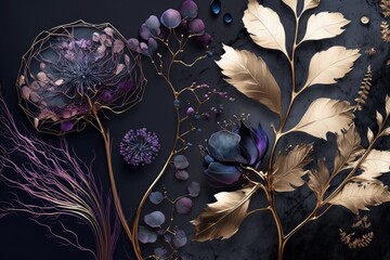 a wallpaper botanical flowers with one big flower for whole artwork flowing alcohol ink style bioluminescence navy blue background, white, gold, generative ai.