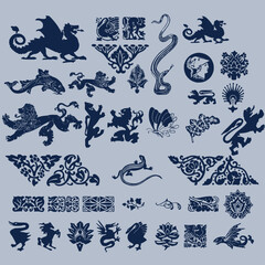 Set of ornamental stencils for vintage decoration and graphic design.