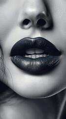 Dark Lipstick on Women's Lips Close-Up Black and White Macro Photograph Generative AI.