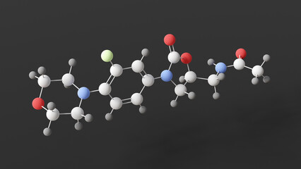 linezolid molecule, molecular structure, oxazolidinones, ball and stick 3d model, structural chemical formula with colored atoms
