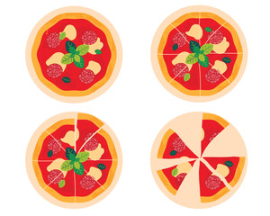 Pizza time. Traditional Italian pizza with mozzarella and sausages on white background. Flat design vector illustration.