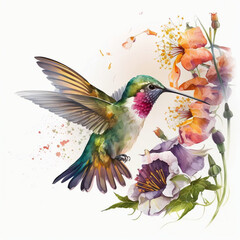 Watercolor painting of a delicate hummingbird, hovering in mid-air as it feeds on nectar from a flower on white transparent background