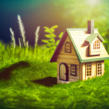 Eco house made of wood illustration, cute small toy as concept of new green life in sustainable environment, ecological natural background for real estate ad, Generative AI