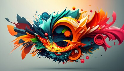 the image is a vibrant and colorful abstract design that features a chaotic yet cohesive blend of shapes and lines. The predominant colors are blue and green, with pops of yellow, pink, and purple.