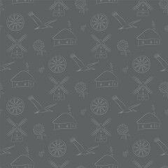 Gray square background with Ukrainian village attributes, seamless pattern, white doodles on a gray background