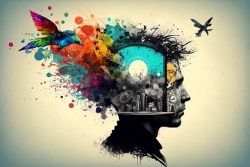 A head made of different sources of knowledge with a light bulb inside his head, with the birds flying around him.