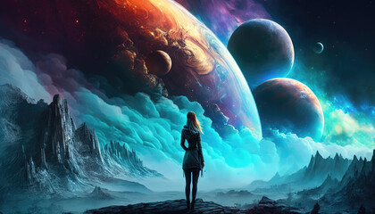 a creative fantasy inspired scifi artwork of a woman standing  in front of planets with clouds everywhere, epic art, generative ai technology