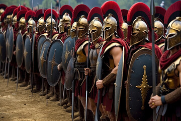 Spartan army. Spartans dressed in armor march in formation. digital ai art - obrazy, fototapety, plakaty