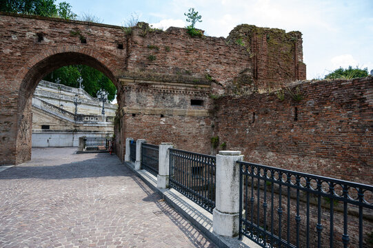 Bologna, Italy - July 10, 2022: Staircase at Parco della Montagnola in Bologna, Italy with ruins of Castello di Porta Galliera, historic building