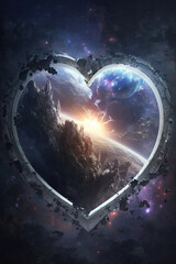 an impressive epic heart in space with a portal inside to another space, mirror fairytale style, generative ai technology