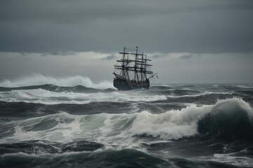 Fototapeta premium Old sail ship braving the waves of a wild stormy sea at night. Generative AI.
