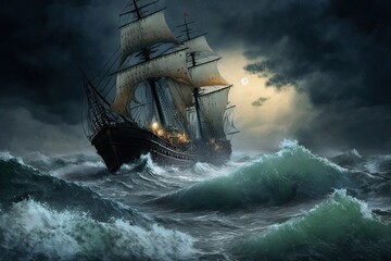 Old sail ship braving the waves of a wild stormy sea at night. Generative AI. - obrazy, fototapety, plakaty