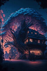 A big tree house in evening, Generative AI illustrations