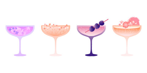 Margarita dessert glass set. Alcohol drink with flowers and ice cubes. Refreshing cocktail for event and celebration. Flat vector illustration with texture and gradient