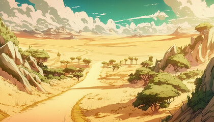 a beautiful view of a desert landscape with a long road home, anime manga artwork, generative ai technology
