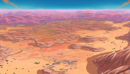 a wonderful beautiful aerial view of a desert landscape, anime manga artwork, generative ai technology